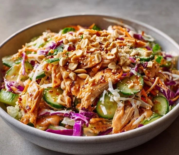 Delicious Bang Bang Chicken Salad topped with fresh ingredients and sauce