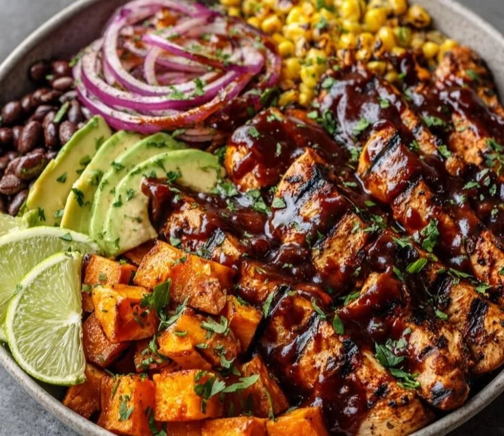 BBQ Chicken Sweet Potato Bowl with colorful vegetables and glaze.