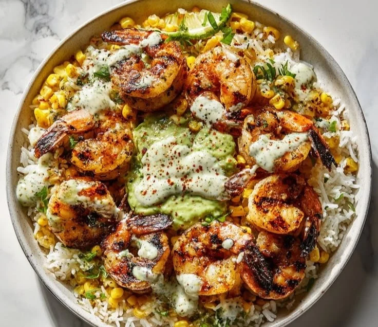 Bright grilled shrimp bowl topped with avocado corn salsa, showcasing summer flavors.