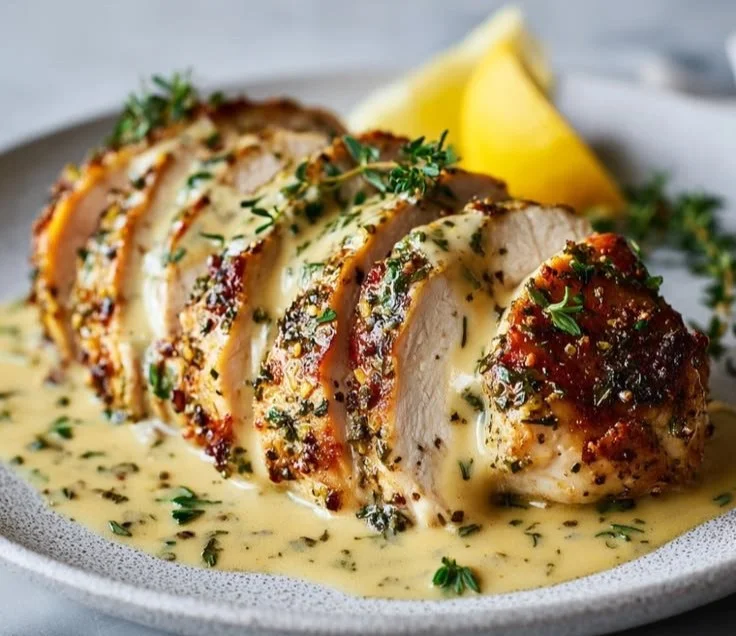 Bright Lemon Herb Slow Cooker Chicken served with fresh herbs and lemon slices.