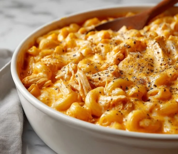 Delicious bowl of Buffalo Chicken Mac and Cheese topped with crispy chicken and sauce