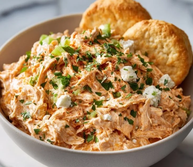 Buffalo Chicken Salad with Cottage Cheese, featuring vibrant greens and spicy chicken.