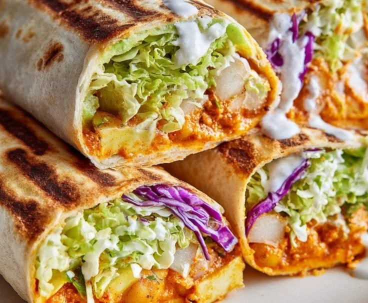 Buffalo Chickpea Salad Wrap with fresh veggies and creamy dressing