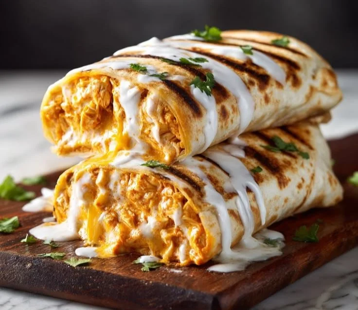 Cheesy Buffalo Chicken Burritos topped with creamy sauce and fresh ingredients