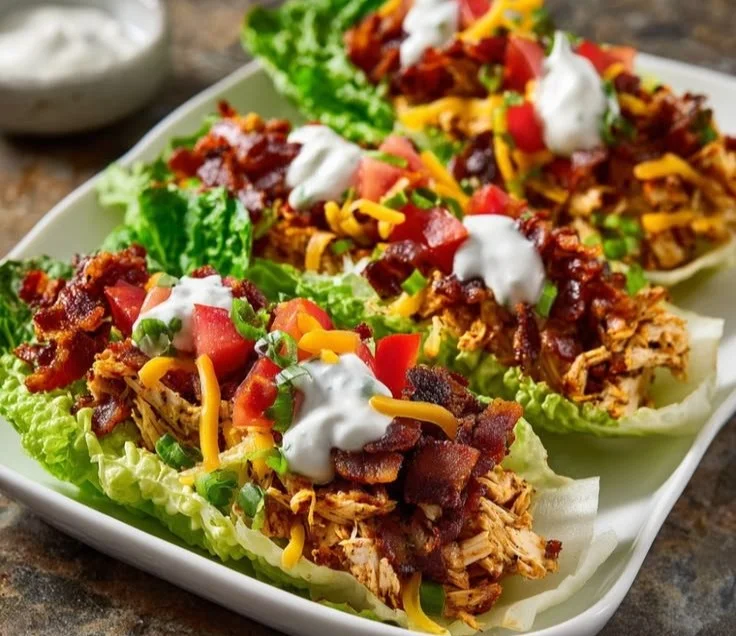 Chicken Bacon Ranch Lettuce Boats with crispy bacon, chicken, and dressing