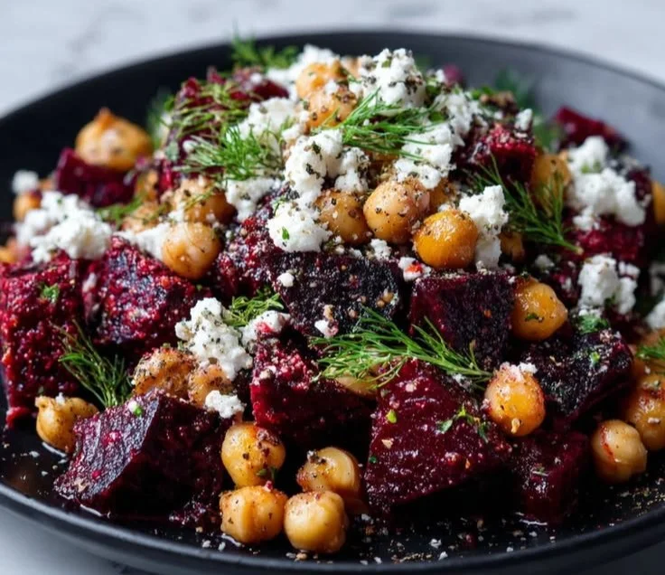 Chickpea Beet Feta Salad with fresh ingredients in a bowl