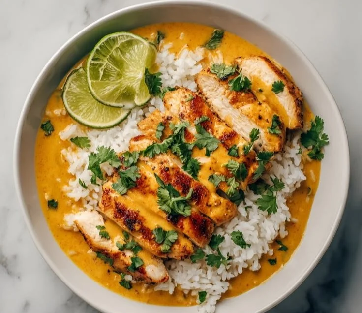 Coconut Chicken Rice Bowl with tender chicken and aromatic coconut rice