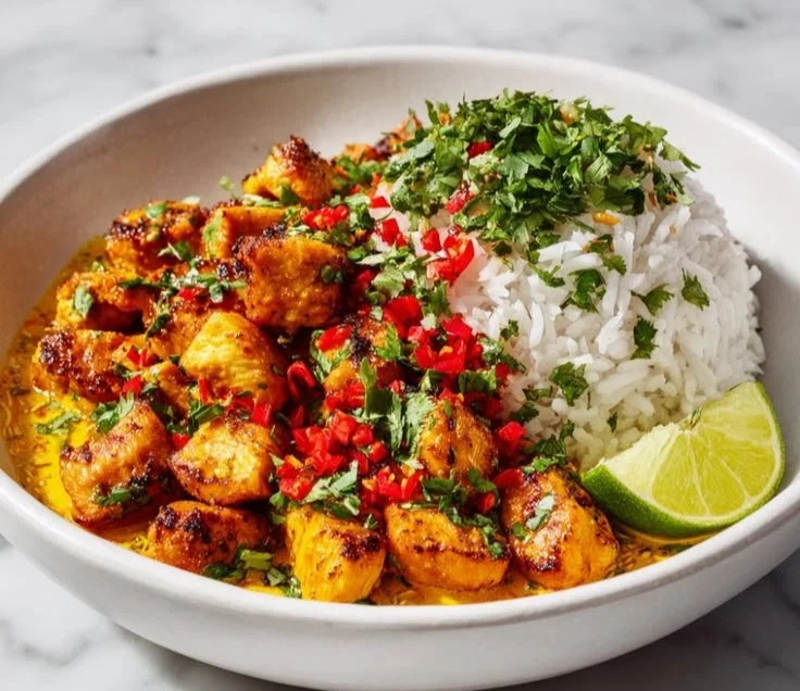 Delicious Coconut Chicken Rice Bowl with fresh ingredients and coconut aroma