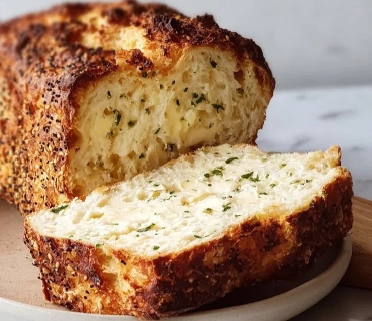 Freshly baked cottage cheese bread on a wooden cutting board.