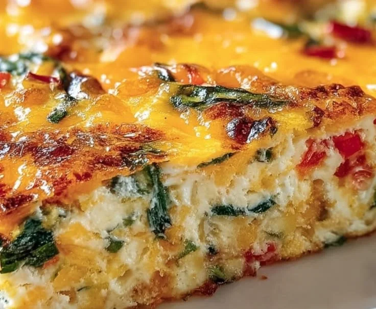 Delicious and healthy cottage cheese egg bake topped with fresh vegetables