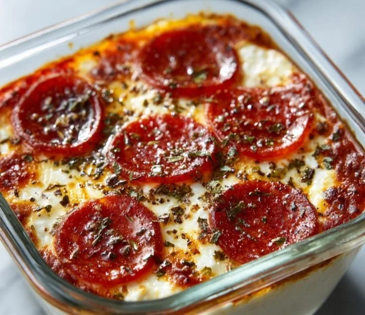 Cottage cheese pizza bowl topped with fresh vegetables and herbs