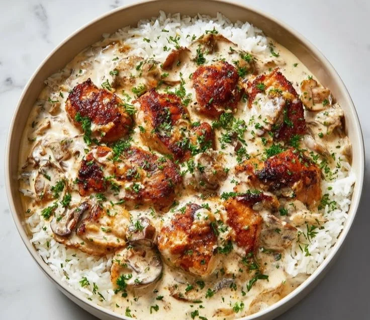 Delicious creamy chicken with rice garnished with herbs in a bowl.