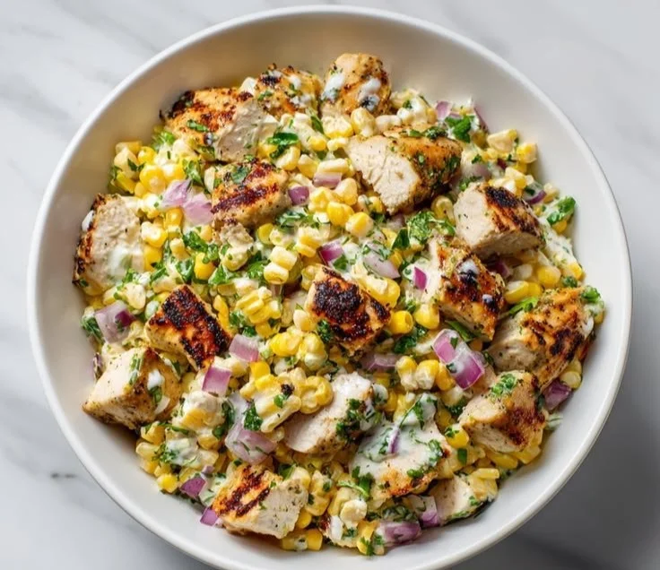 Creamy high-protein chicken street corn salad with fresh ingredients