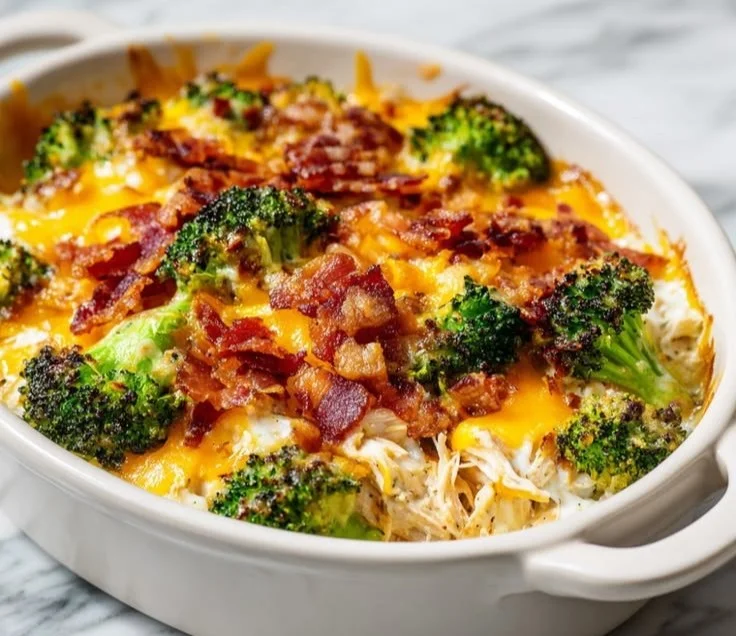 Creamy low-carb chicken casserole dish garnished with herbs