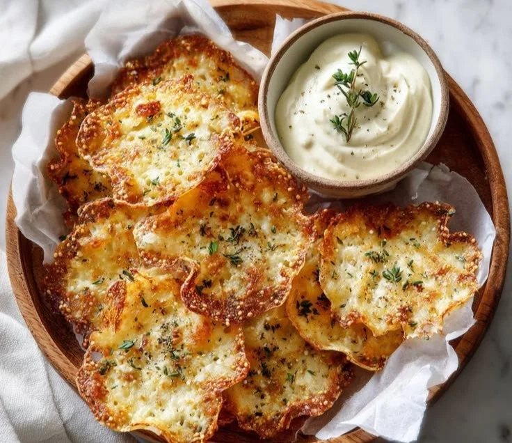 Bowl of crispy cottage cheese chips, a healthy and tasty snack option.