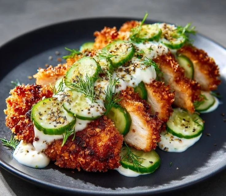 Crispy dill pickle parmesan chicken served on a white plate with herbs.