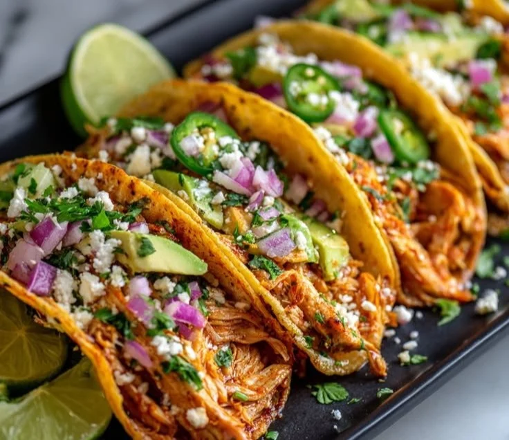 Crockpot chicken tacos with tender chicken and bright toppings ready to serve