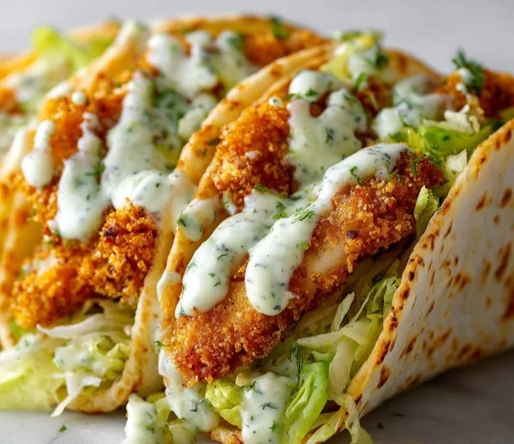 Delicious Dill Pickle Ranch Smash Chicken Tacos served on a plate.