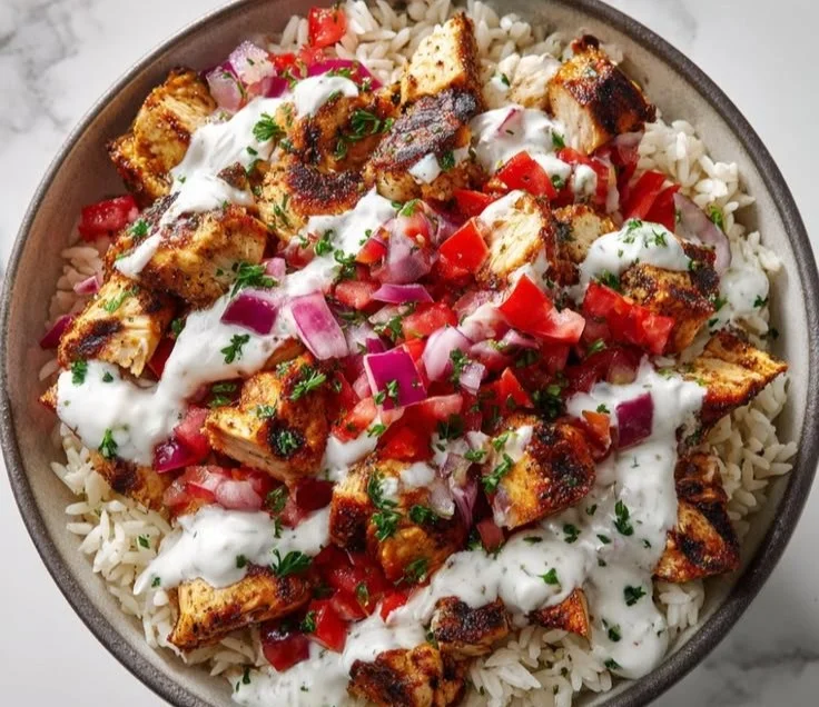Colorful Mediterranean Chicken Gyro Bowl with fresh vegetables and sauce