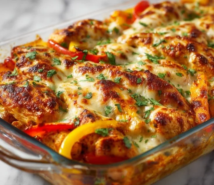Fajita chicken casserole bake topped with cheese and colorful bell peppers
