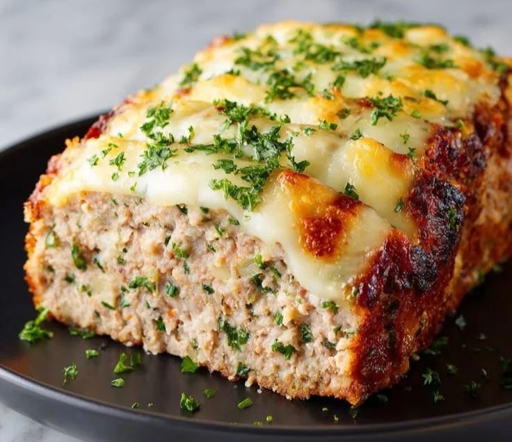Garlic Parmesan Chicken Meatloaf served with herbs and cheese garnish