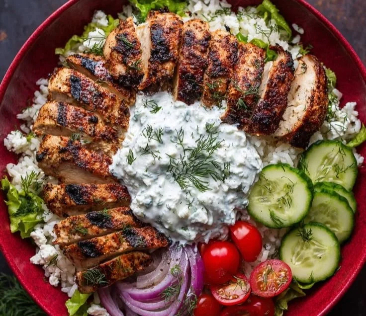 Colorful Greek Chicken Bowls with fresh vegetables and herbs for a healthy meal.