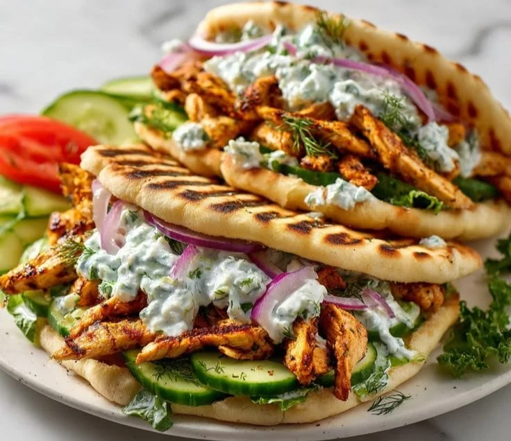Delicious Greek Chicken Pitas with juicy chicken, crisp vegetables, and tzatziki sauce