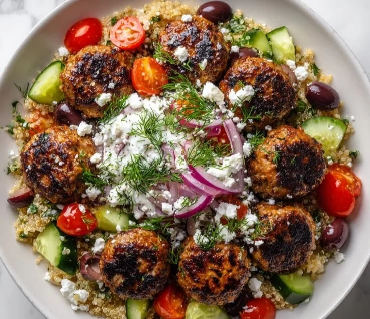 Greek Turkey Meatball Bowls with lemon and fresh herbs served in a rustic bowl