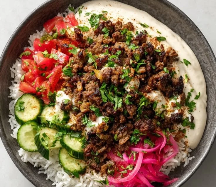 Delicious Ground Beef Shawarma Bowls with fresh ingredients and spices