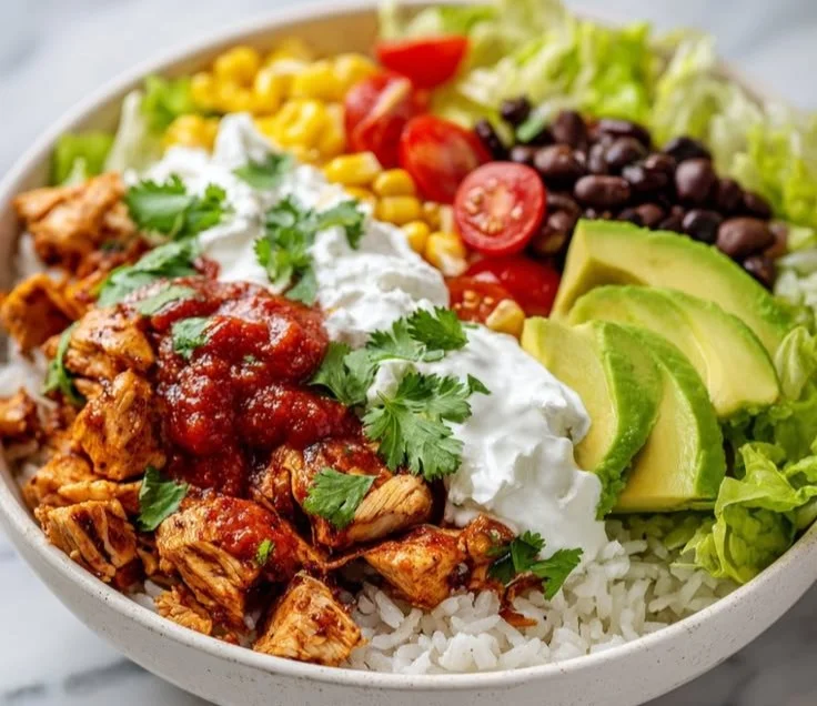 Healthy chicken taco bowls with fresh ingredients and toppings