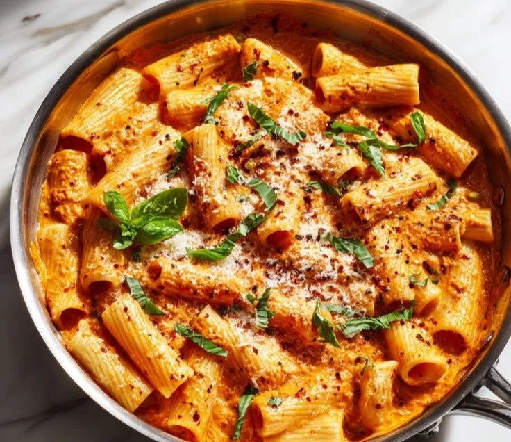 Healthy cottage cheese rigatoni served in a bowl with herbs and vegetables