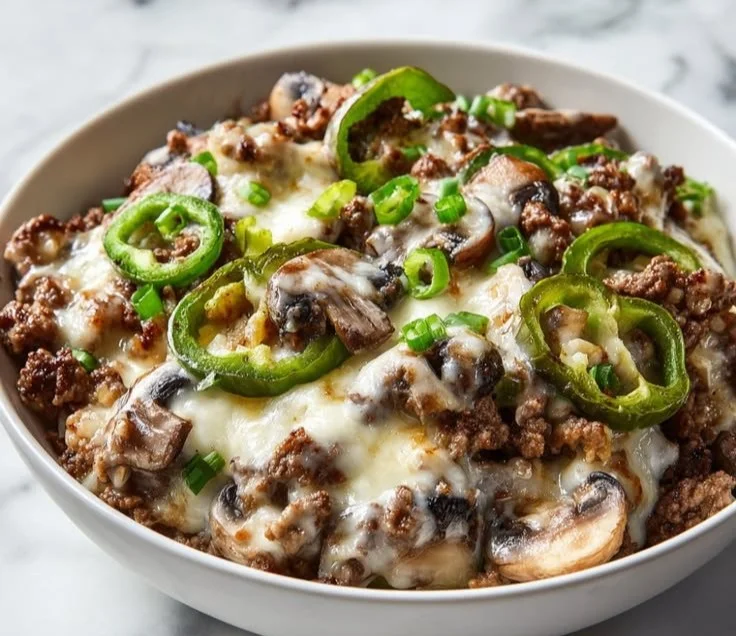 Healthy Philly Cheese Steak Bowl with fresh ingredients and toppings