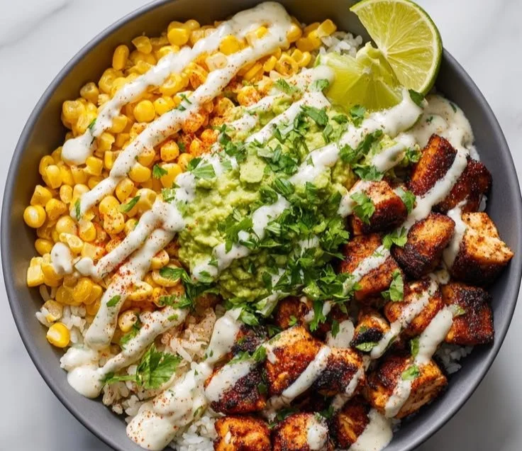 Healthy Street Corn Chicken Bowl with grilled chicken and fresh ingredients