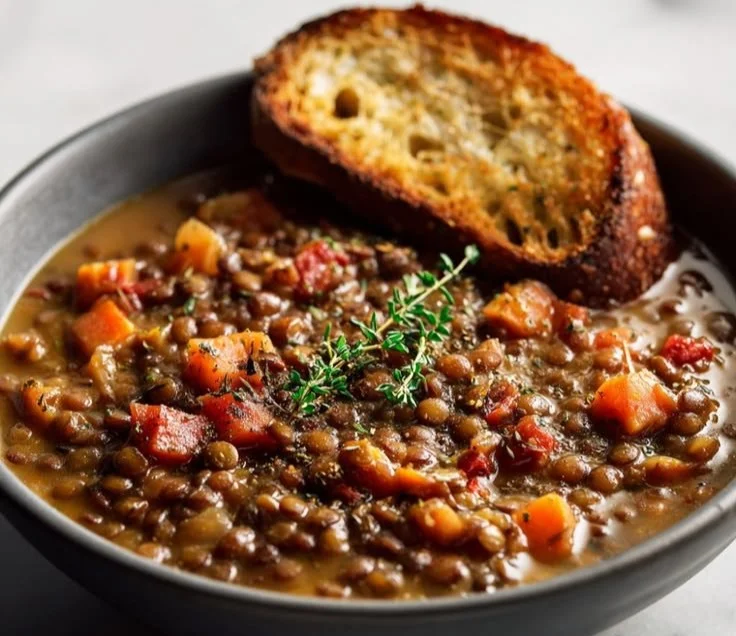 Bowl of hearty lentil stew with vegetables and spices