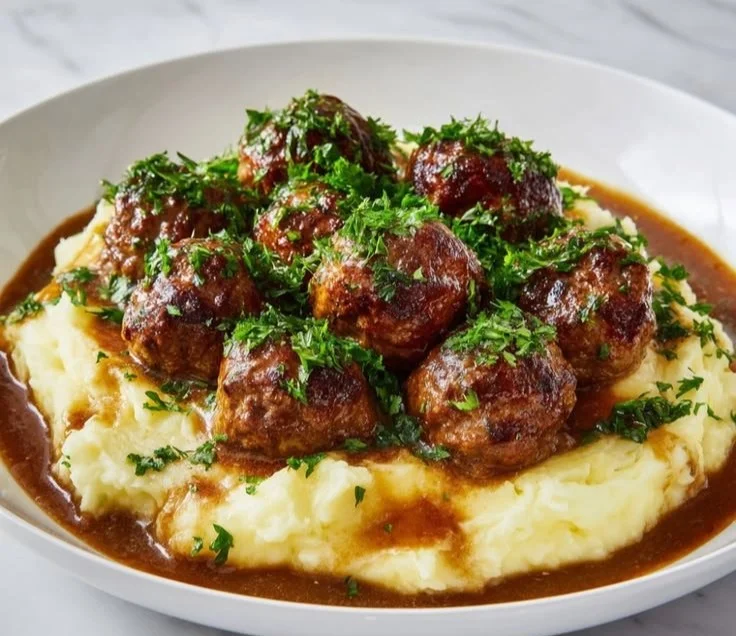 Plate of hearty meatballs alongside garlic herb mashed potatoes
