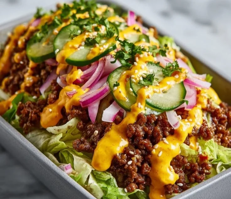 Delicious high protein Big Mac Bowls topped with fresh ingredients and garnished.