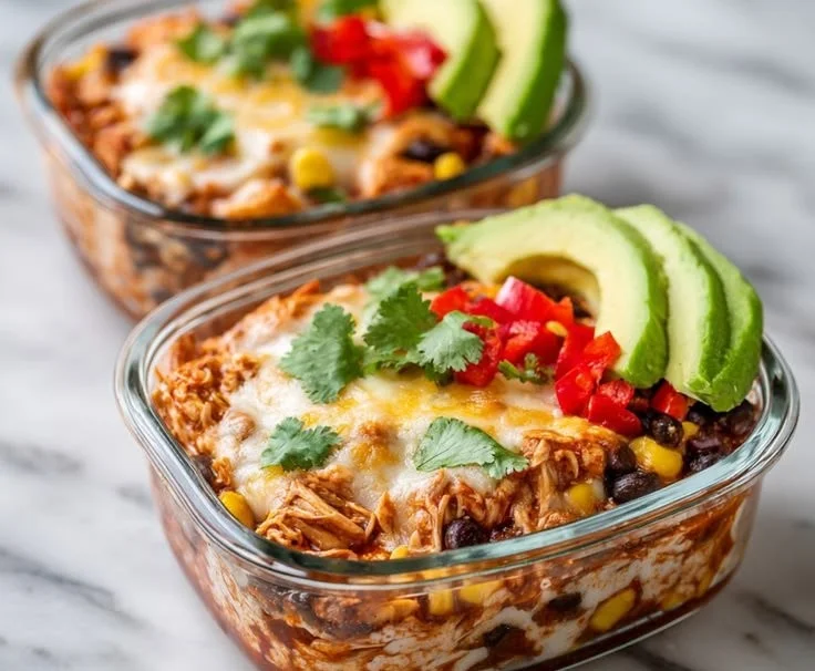 High-protein chicken enchilada bowls with cottage cheese and fresh toppings