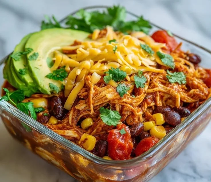 High-protein chicken enchilada bowls topped with fresh ingredients and sauces.