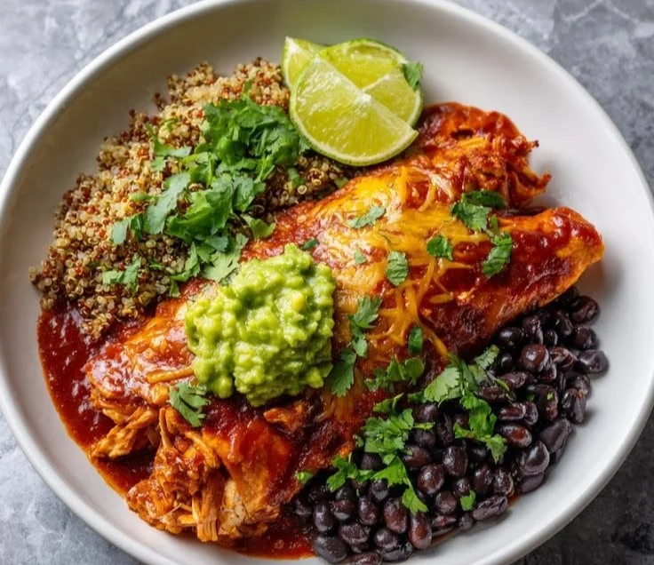 High protein chicken enchilada bowls served in a cozy dish