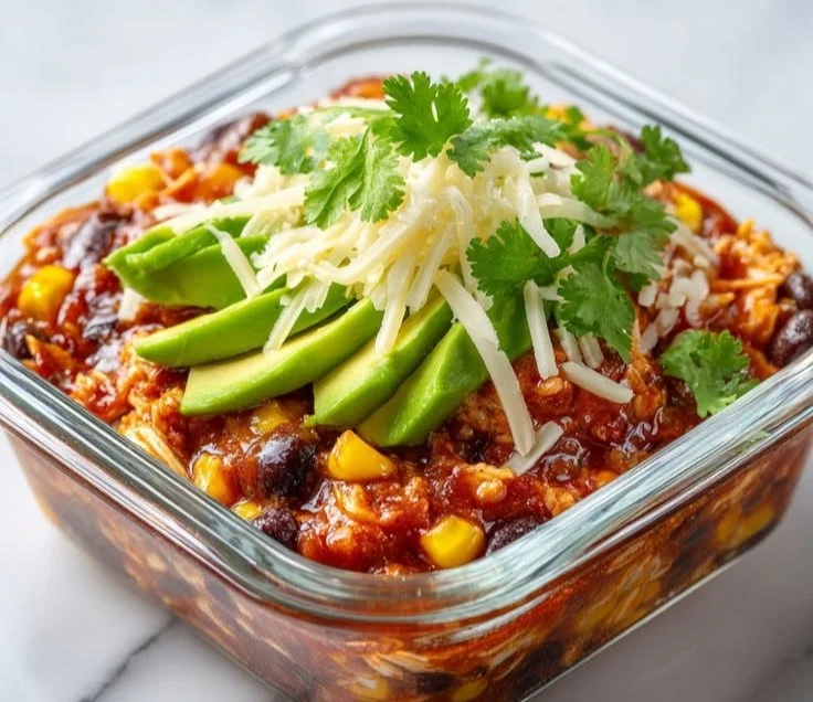 Delicious high-protein chicken enchilada bowls topped with fresh ingredients.