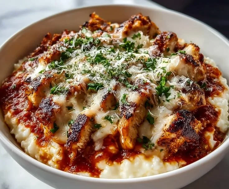 Delicious High Protein Chicken Parm Cottage Cheese Bowl topped with cheese and herbs
