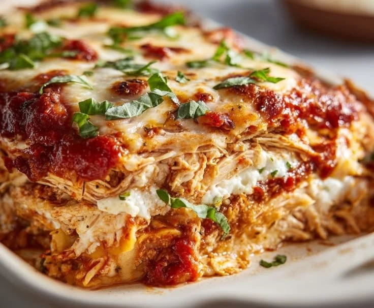 High Protein Chicken Parmesan Casserole fresh out of the oven topped with cheese