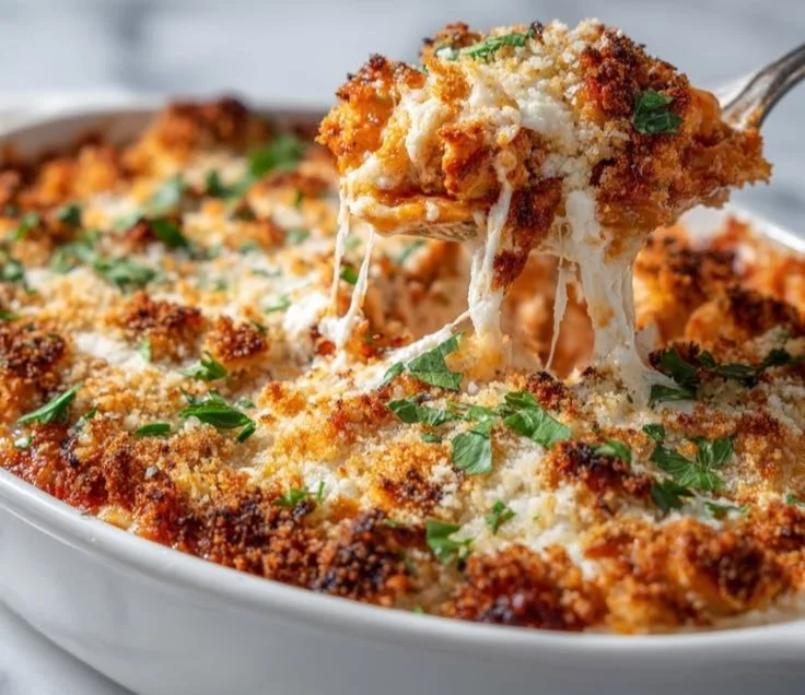 High protein chicken parmesan casserole topped with cheese and herbs