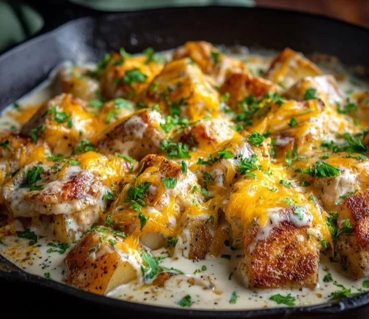 Creamy Garlic Cheesy Chicken and Potatoes dish, perfect for weeknight dinner.