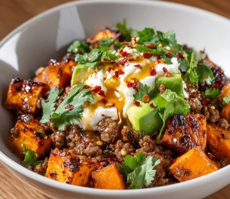 Delicious High Protein Hot Honey Beef Bowl garnished with vegetables