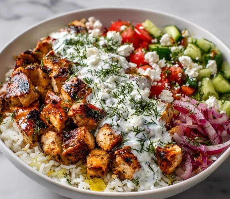 High Protein Mediterranean Lemon-Dill Chicken Bowl with vegetables and herbs