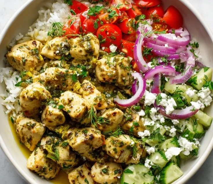 High protein Mediterranean chicken bowl with lemon and dill