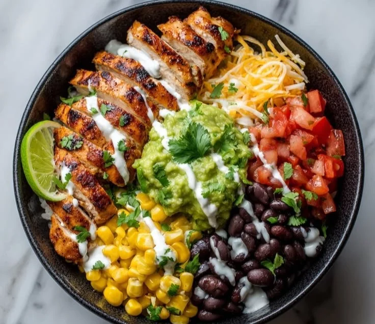 Delicious high protein taco bowl with fresh ingredients and toppings