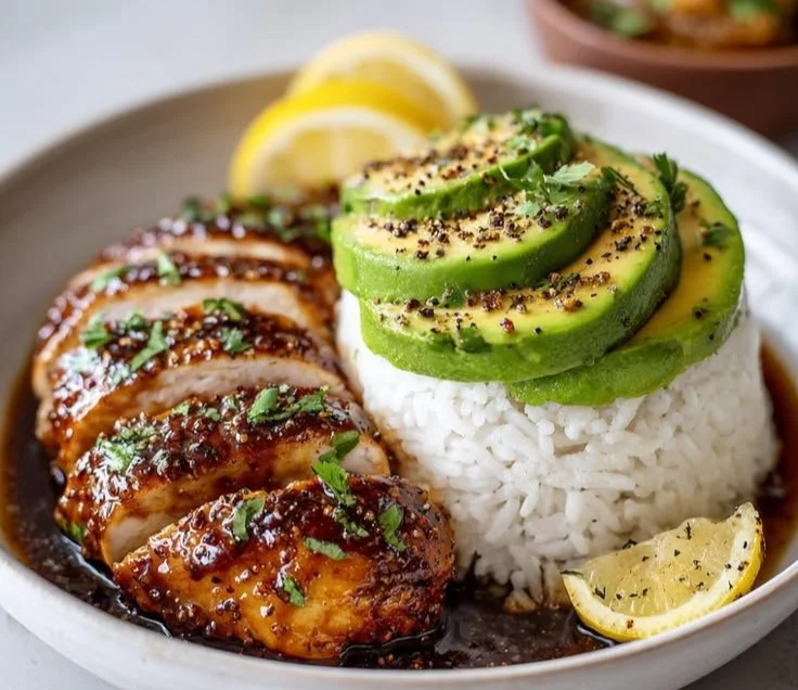 Honey Lime Chicken served with avocado rice on a plate