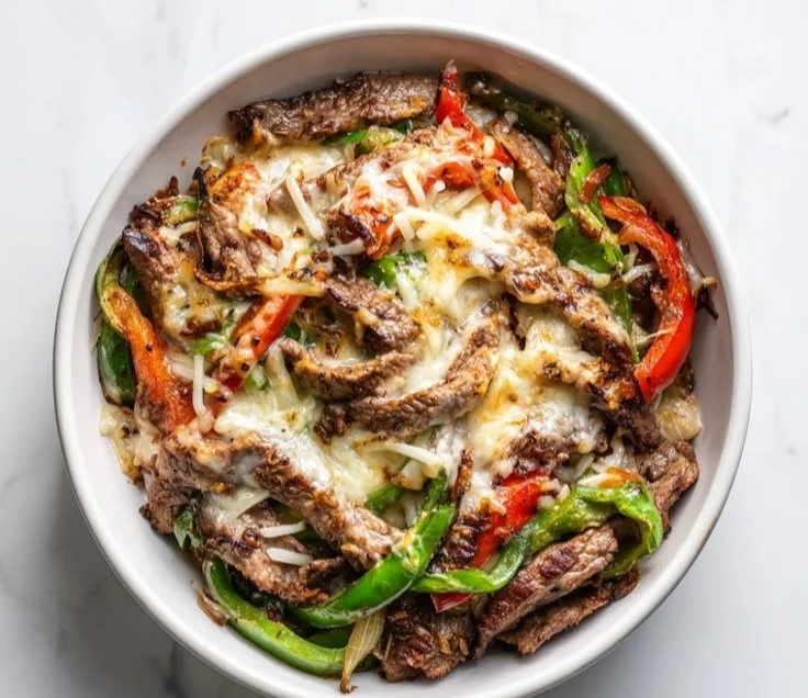 Keto Philly Cheesesteak Bowl with grilled steak, cheese, and vegetables